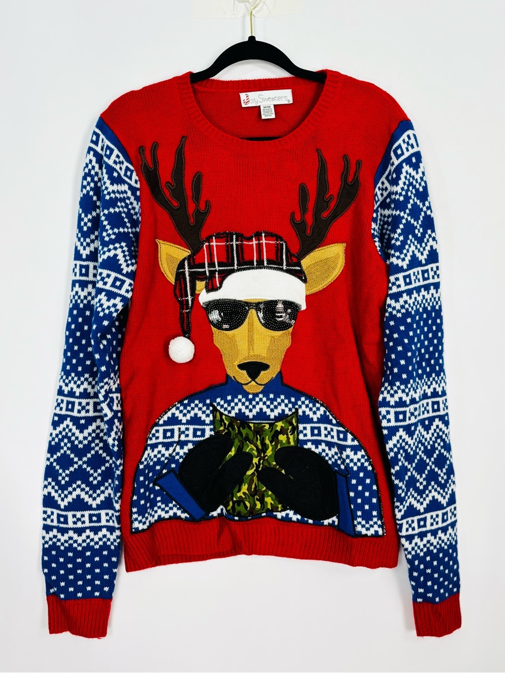 Jolly Sweater Holiday Christmas Ugly Sweater Red Blue Camo Reindeer Sz Medium